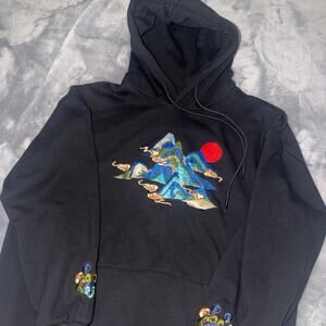 Black Hoodie Embroidered Mountain Sunset Clouds Asian Streetwear Sz S